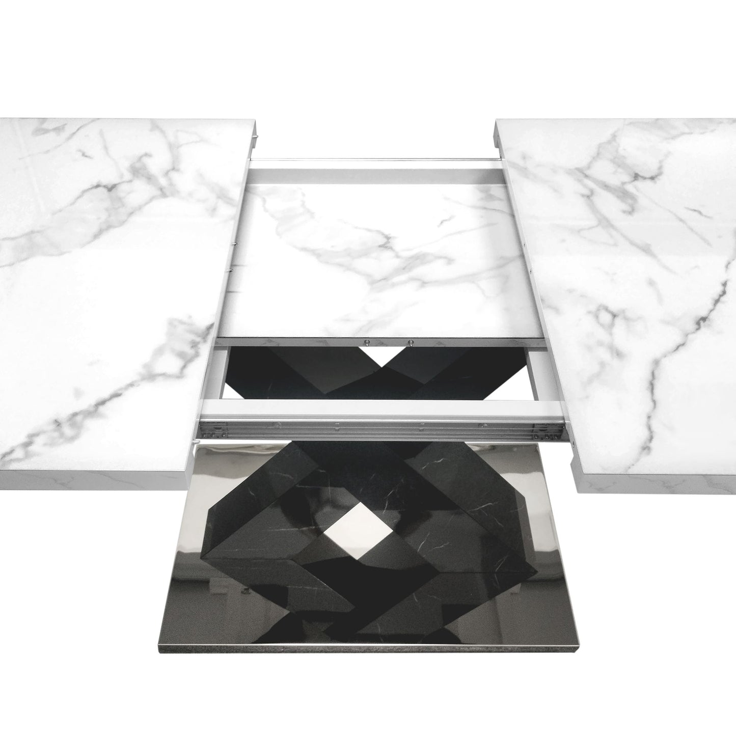 Rectangle Dining Table With Stretchable Top, X Shape Mdf Legs With Steel Base - White / Black