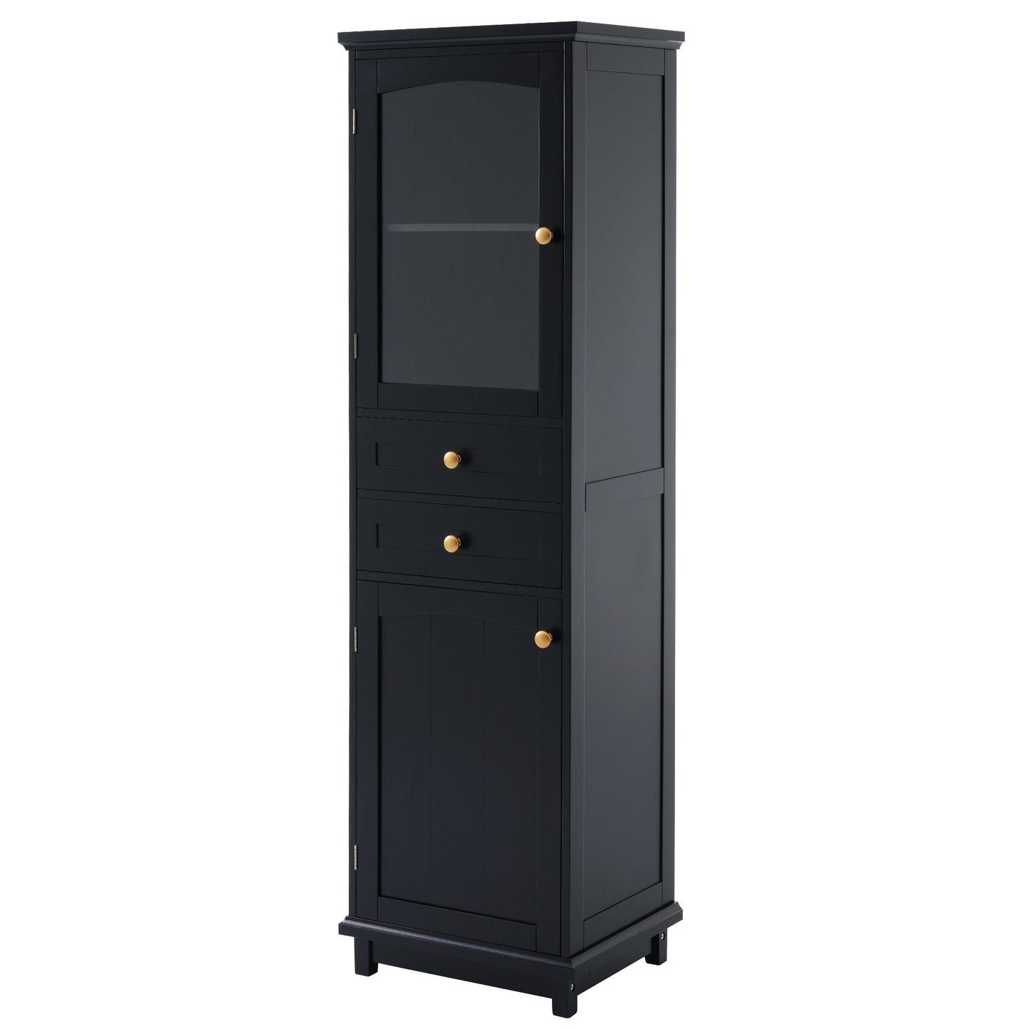 Tall Bathroom Storage Cabinet With Glass Doors, Free-Standing, Two Drawers, And Adjustable Shelves, Board, Painted Perfect For Displaying Your Favorite Items