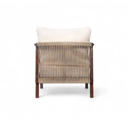 Outdoor Lounge Chair With Woven Backrest, Solid Wood Frame, Comfortable Cushions