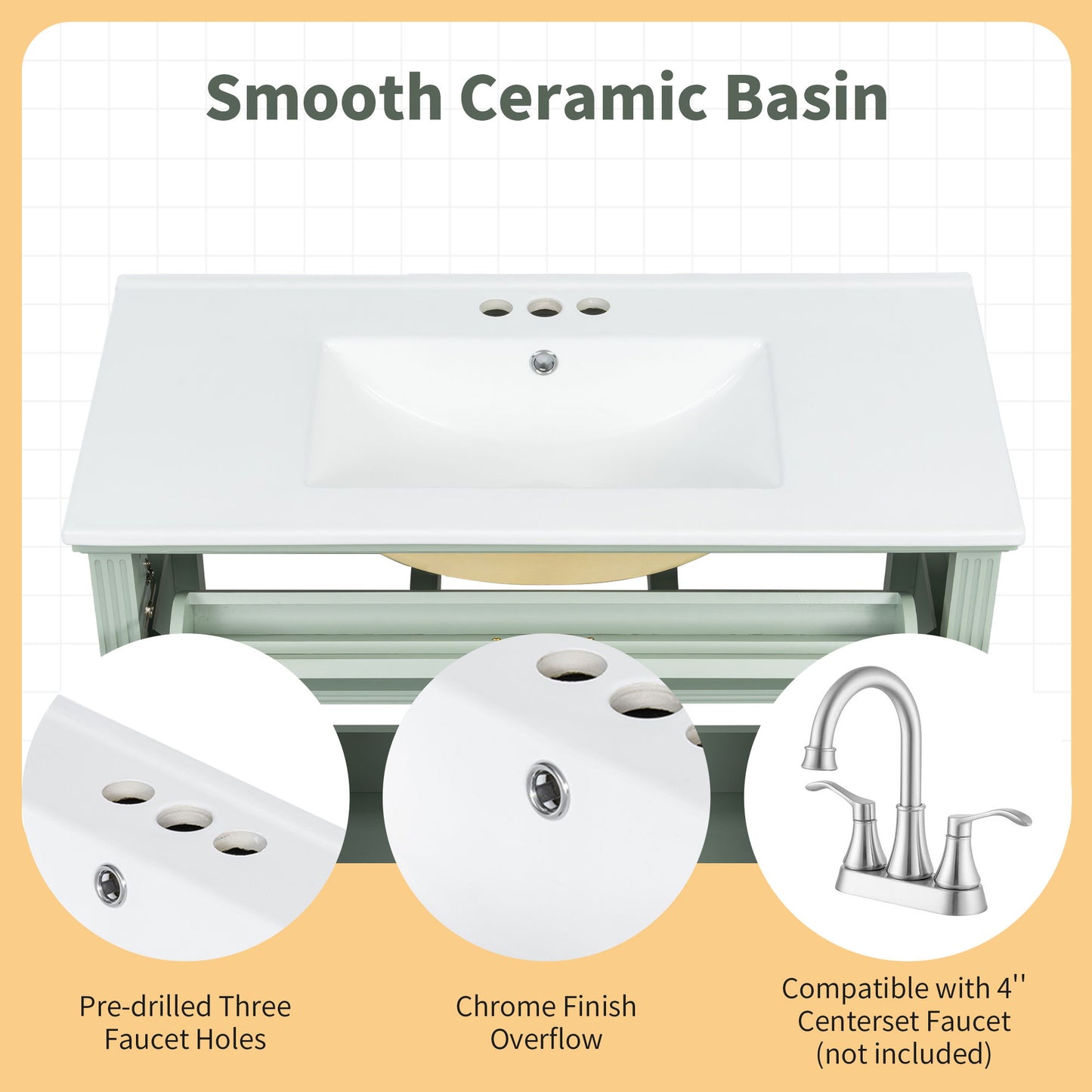 Bathroom Vanity With Sink, Flip-Out Top Drawer, Soft Close Doors, 2 Storage Drawers
