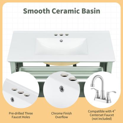 Bathroom Vanity With Sink, Flip-Out Top Drawer, Soft Close Doors, 2 Storage Drawers