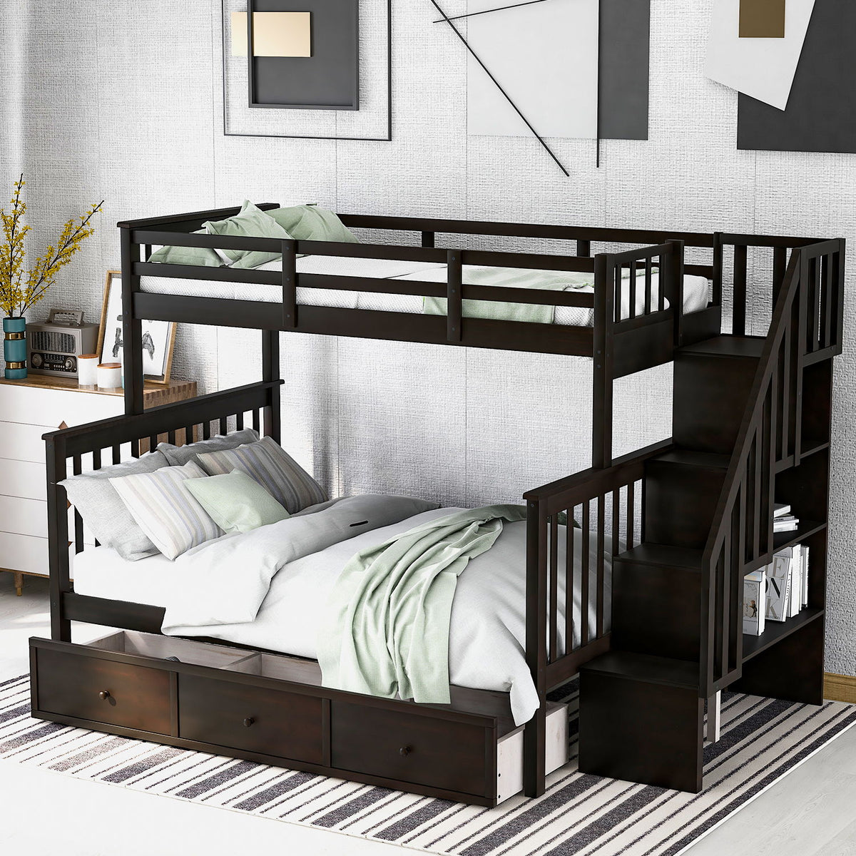 Stairway Bunk Bed With Storage And Guard Rail For Bedroom