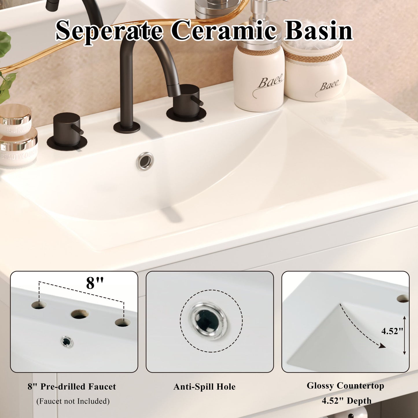 Freestanding Bathroom Vanity With Ceramic Sink, 2 Full Extension Drawers