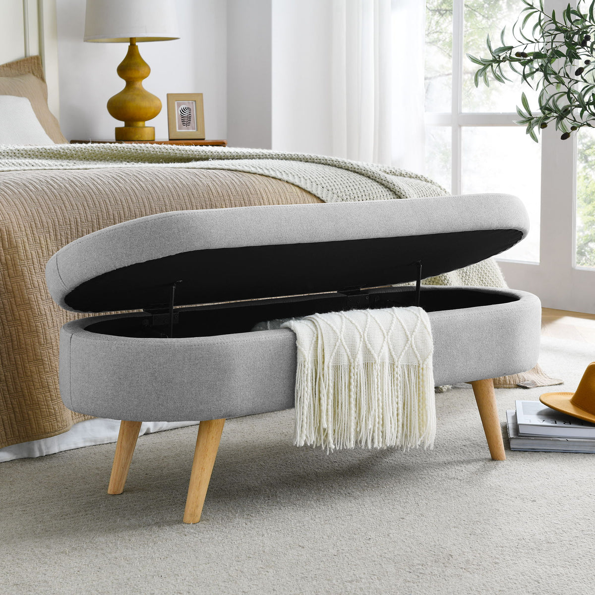 Ottoman Oval Storage Bench With Rubber Wood Legs Linen - Gray