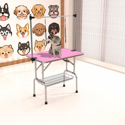 Folding Dog Pet Grooming Table Stainless Steel Frame Rubber Mat On Board With Adjustable Arm And Clamps Pet Dog Cat Grooming Table
