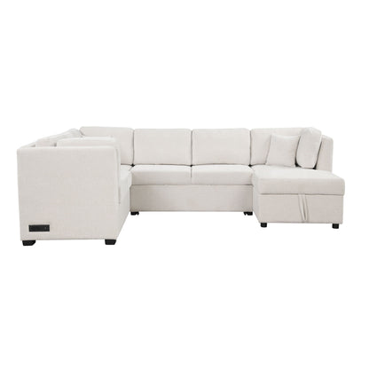 U-Shaped Sectional Sofa Pull Out Sofa Bed With Two USB Ports, Two Power Sockets, Three Back Pillows And A Storage Chaise For Living Room