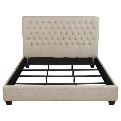 Upholstered California King Bed With Tufted Headboard And Birch Legs - Oatmeal