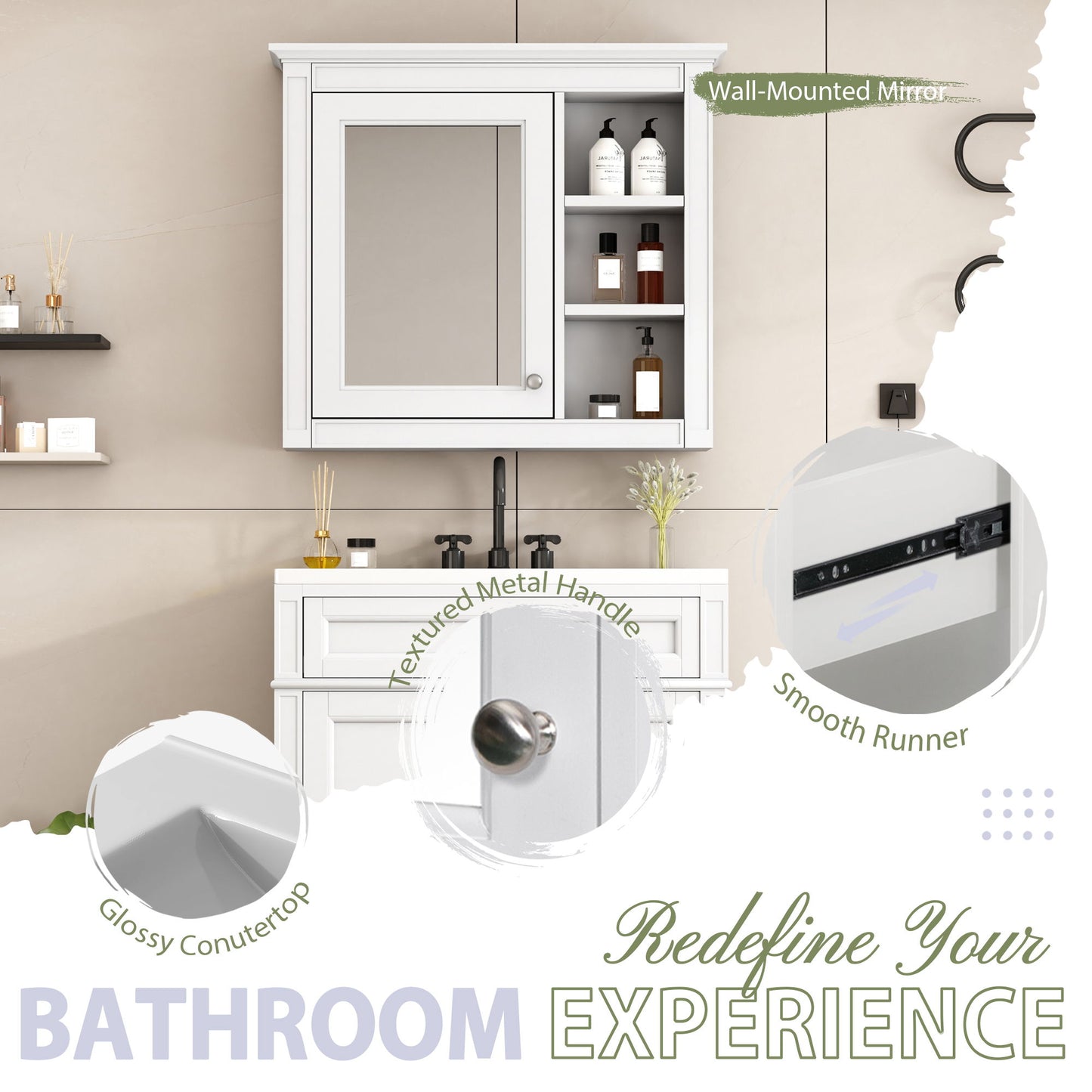Bathroom Vanity With Top Sink, 2 Doors And 3 Drawers, Freestanding Set With Mirror Cabinet