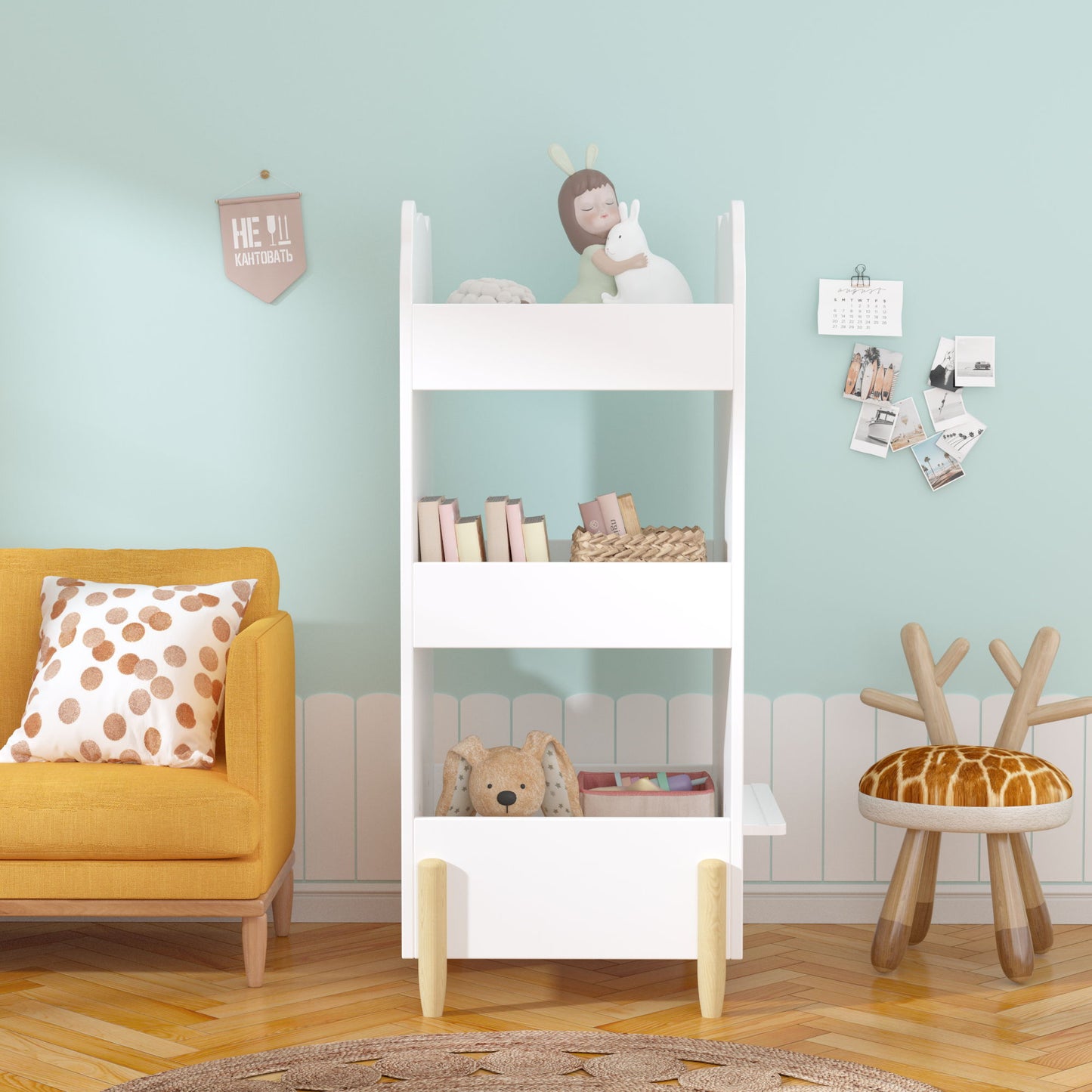 Bear Shaped Bookshelf With Chalkboard Side, 3 Tier Storage Organizer For Playroom - White