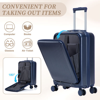 Luggage Set With Cosmetic Case, Combination Lock, Front Opening Design