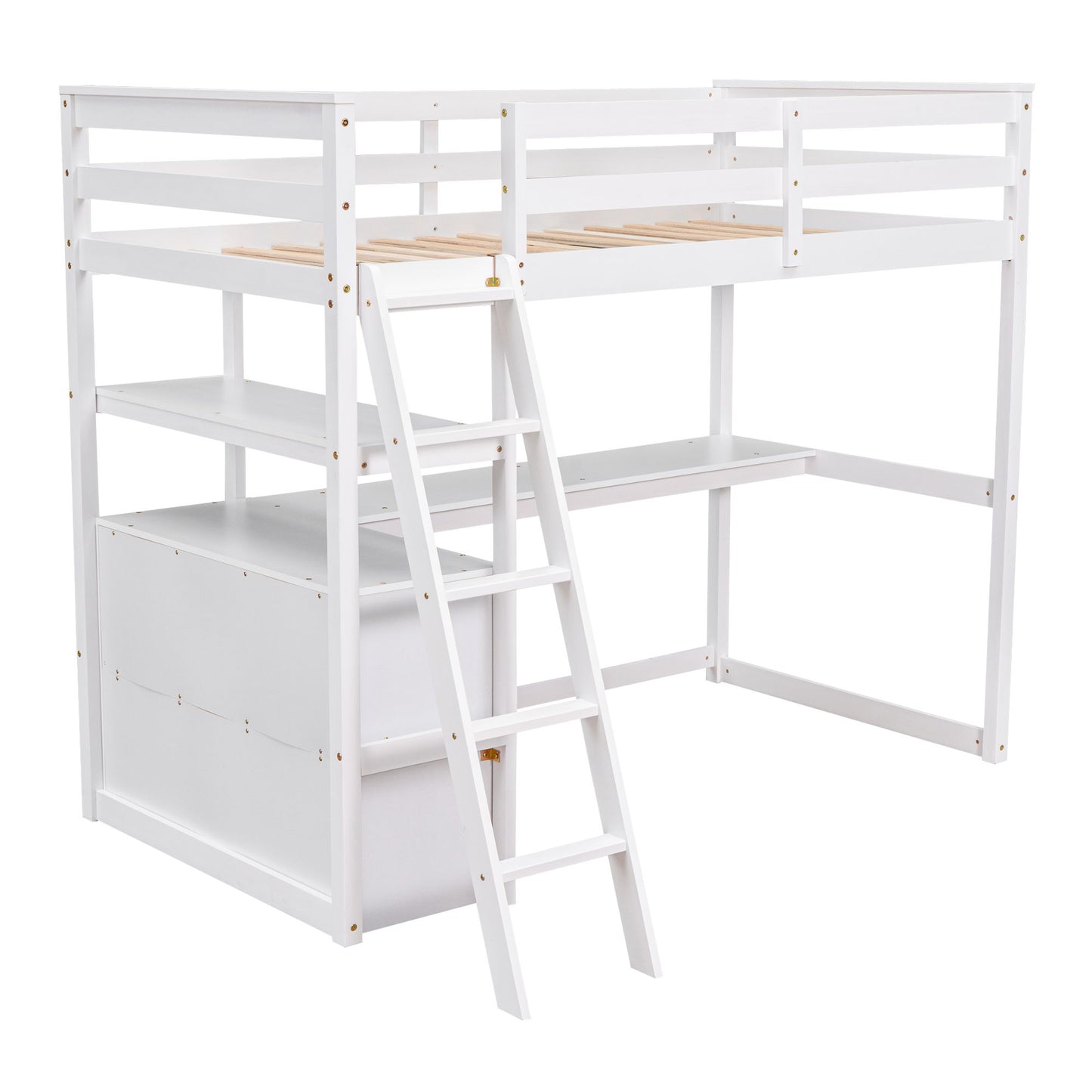 Modern Loft Bed With Built In Desk, Shelves, And 2 Drawers