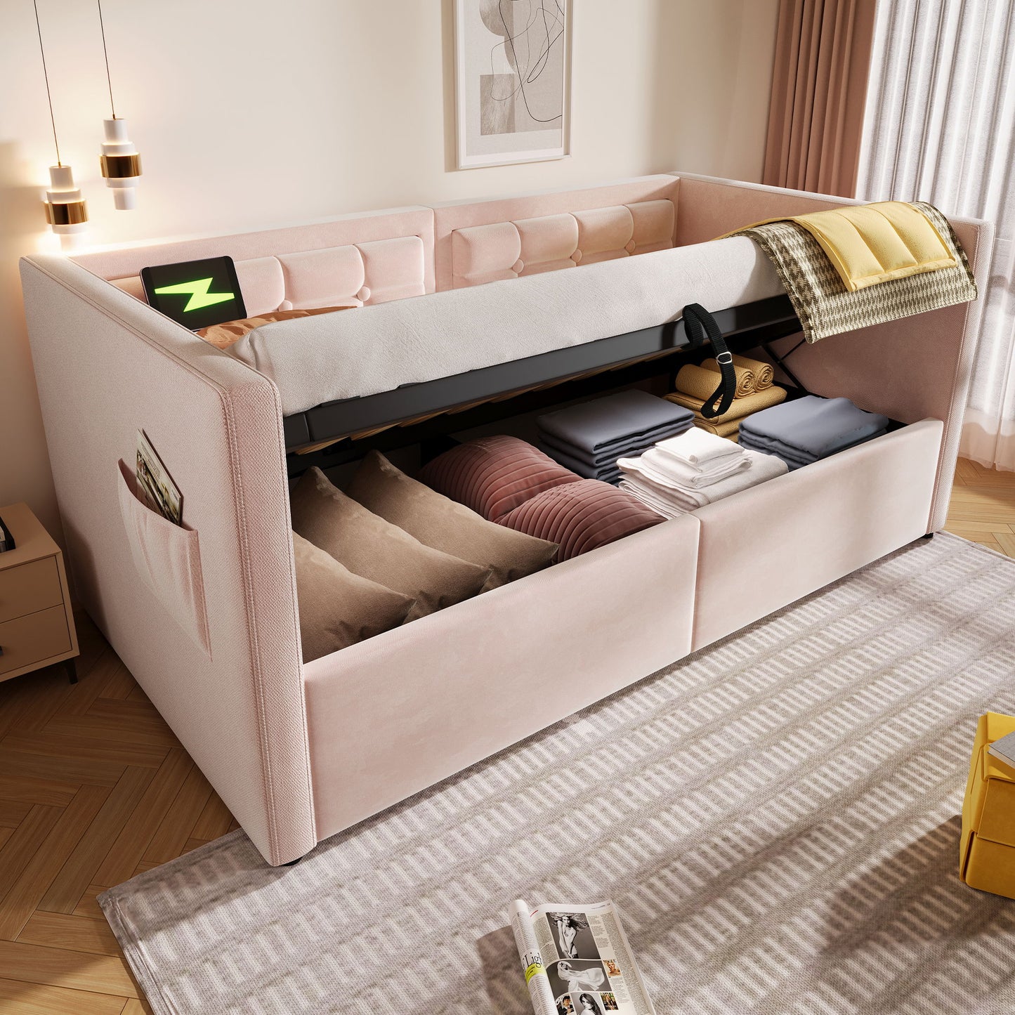 Upholstered Hydraulic Storage Daybed With USB & Type C Charging