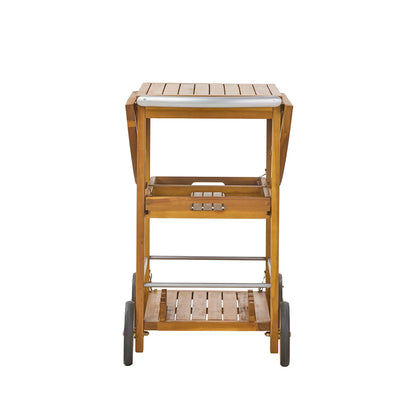 Outdoor Bar Cart With Foldable Tabletop & Removable Trays - Teak