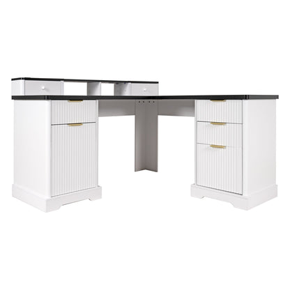 Fluted L-Shaped Desk With Charging Station & Storage Cabinet