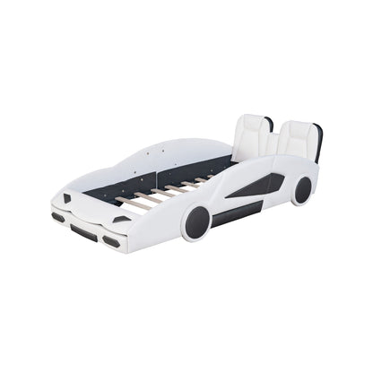 Race Car Shaped Twin Platform Bed With Wheels, Pine Wood Construction