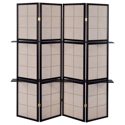 4 Panel Folding Screen With Shelves - Brown