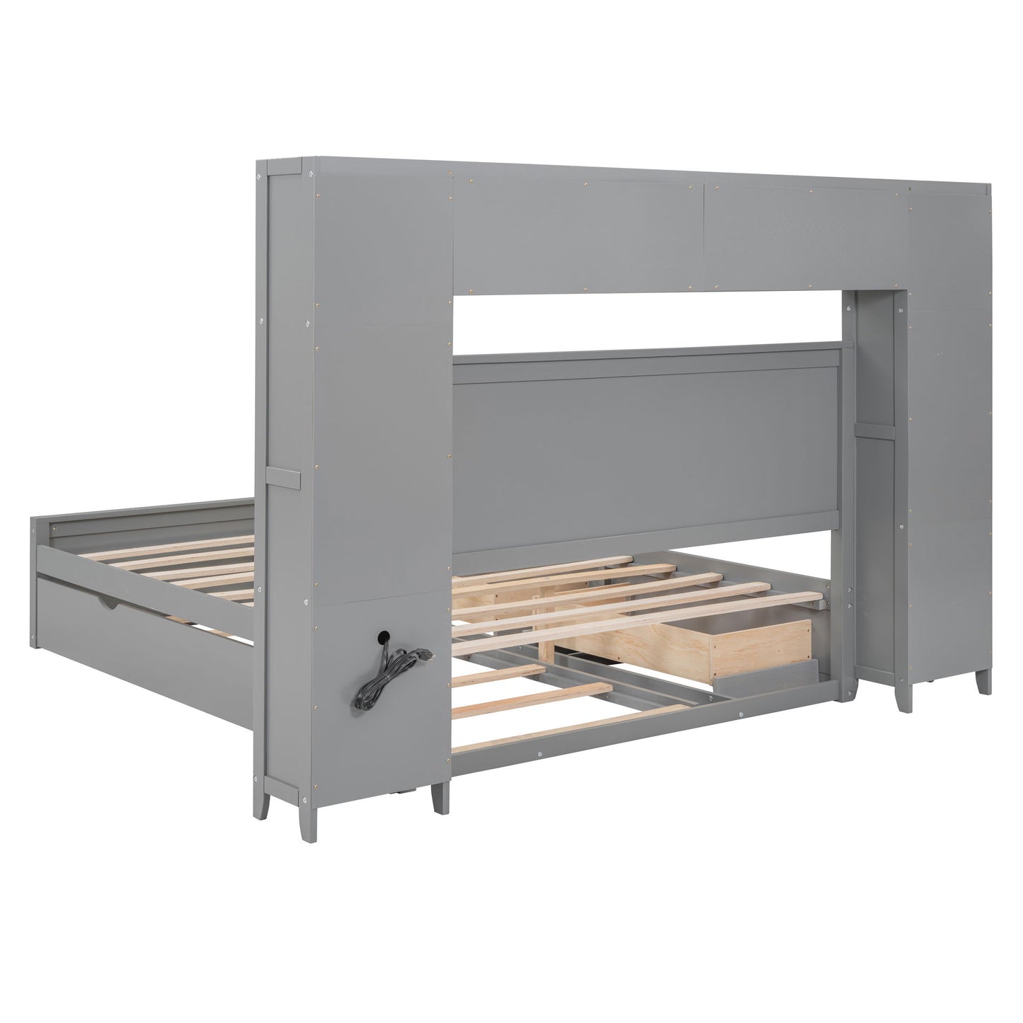 Bed With All In One Cabinet, Shelf And Sockets, Twin Long Trundle