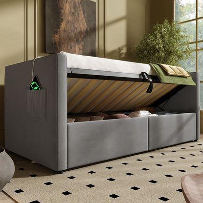 Upholstered Hydraulic Storage Daybed With USB & Type C Charging