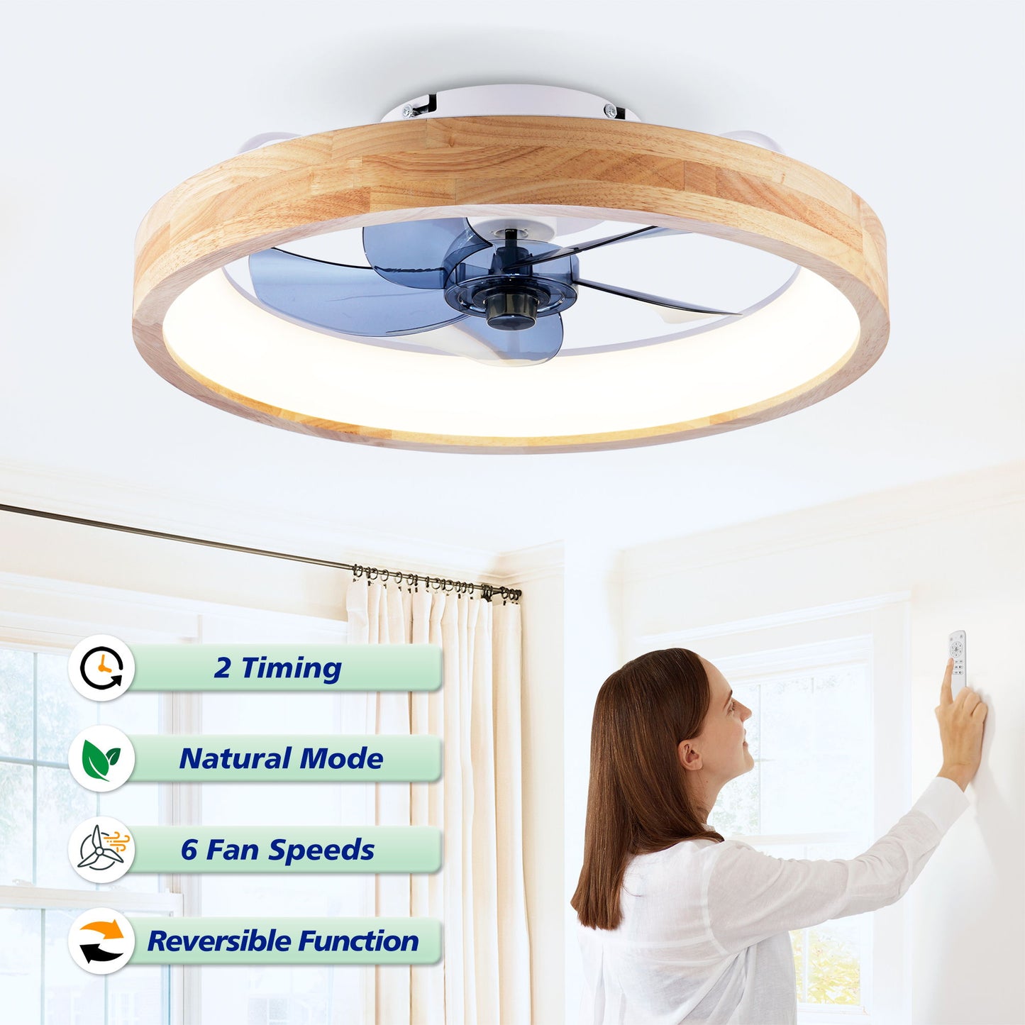 Ceiling Fans With Lights And Remote, 3000 - 6500K Dimmable Flush Mount LED Fan Light, 6 Speeds, Quiet DC Motor For Living Room - Matte White / Natural Wood