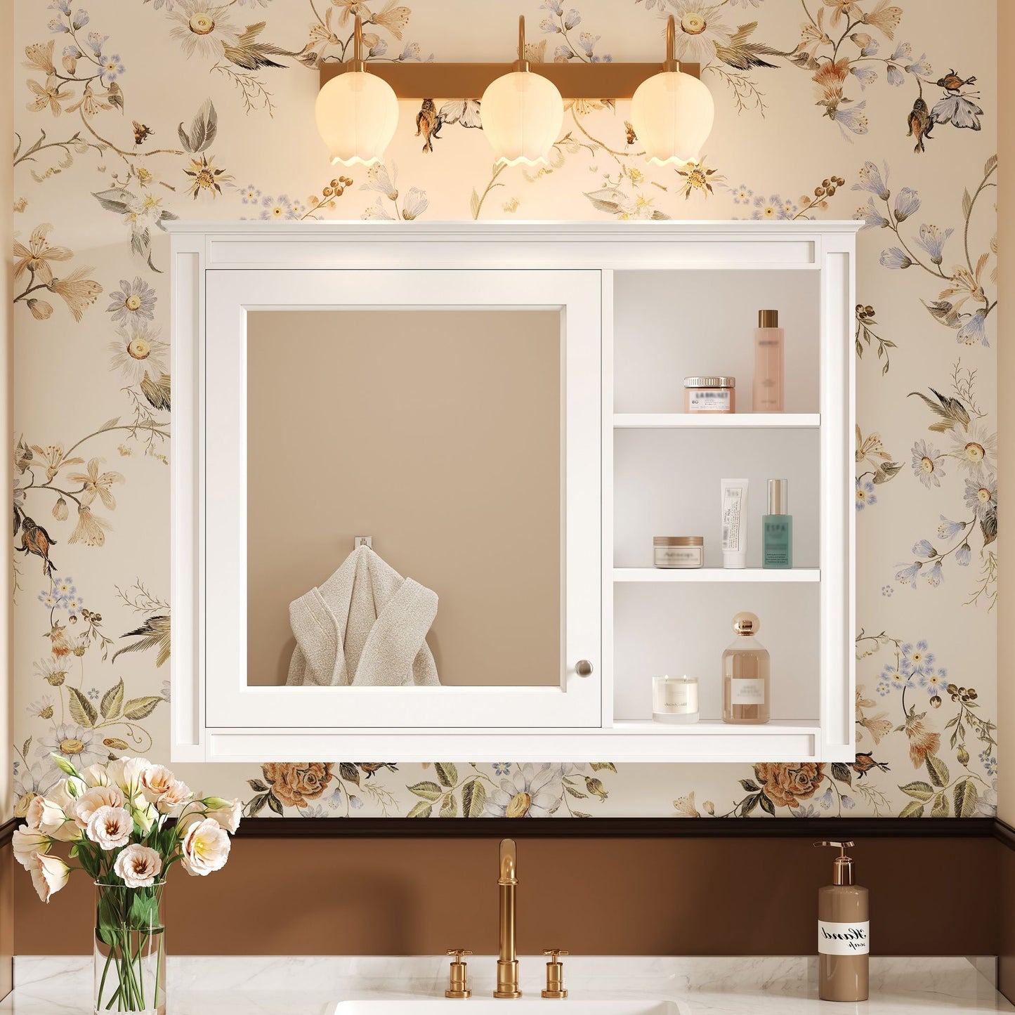 Wall Mounted Medicine Cabinet With Mirror, Adjustable Shelf - White