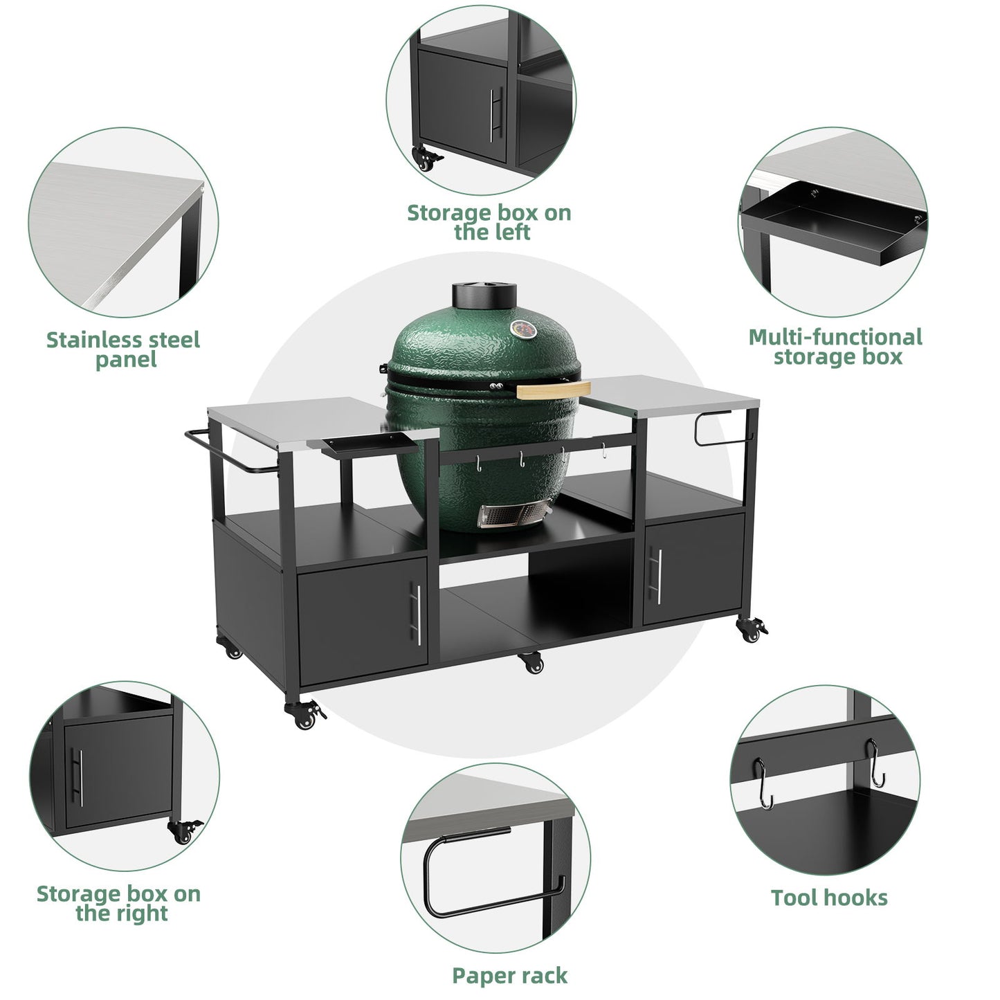 Outdoor Grill Table For Big Egg Style Bbq With Metal Grill Cart And Storage Box And Metal And Stainless Steel - Black / Silver