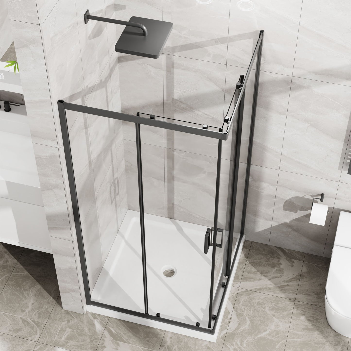 Corner Shower Enclosure, Double Sliding Door & Shower Base - Matte Black