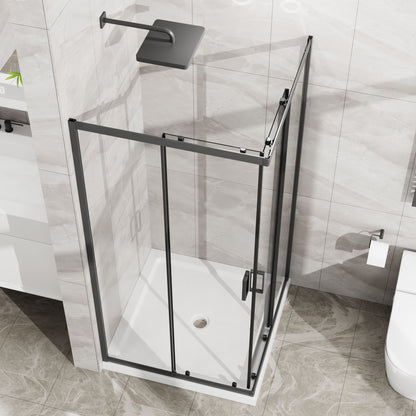 Corner Shower Enclosure, Double Sliding Door & Shower Base - Matte Black