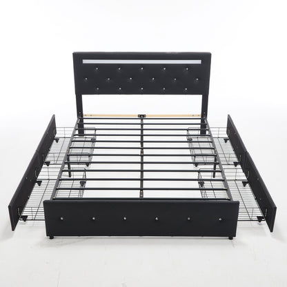 Upholstered Bed Frame With LED Lights, 4 Storage Drawers, Charging Station