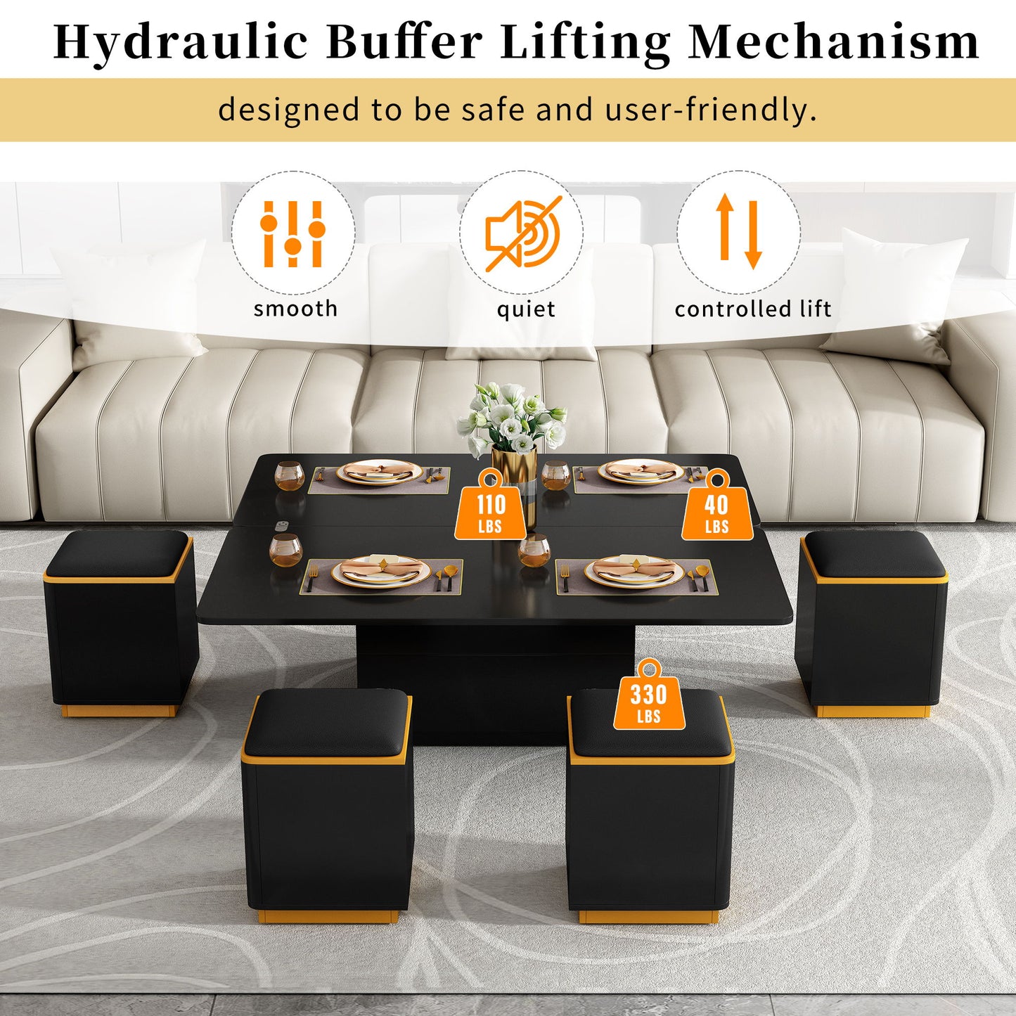 Lift Top Coffee Table With 4 Storage Stools
