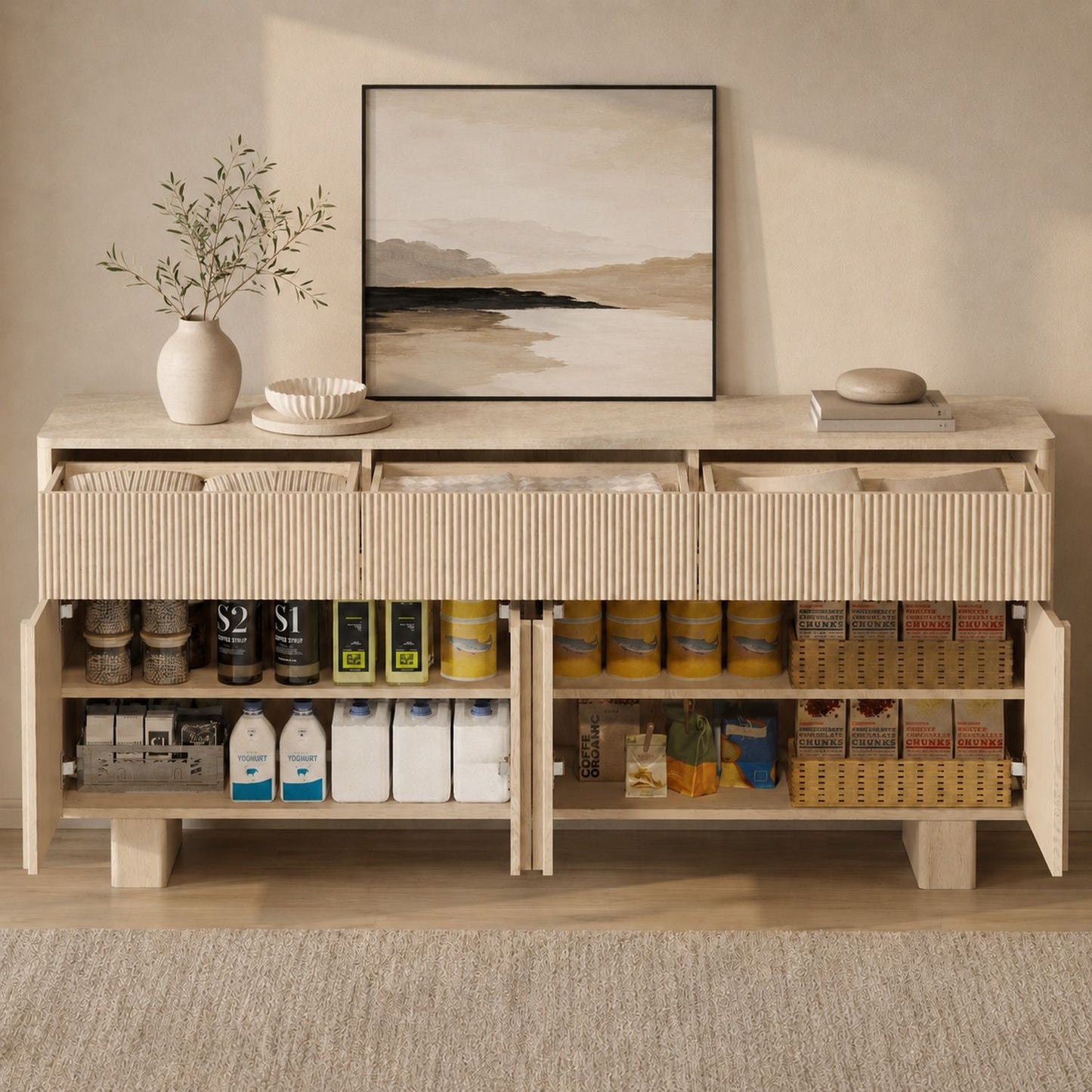 Sideboard Buffet Cabinet With 3 Drawers And 4 Doors For Dining Room