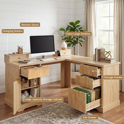 Fluted L-Shaped Desk With Charging Station & Storage Cabinet