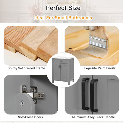 Bathroom Vanity With Ceramic Sink, Soft Close Doors, Flip Drawer, Double Layer Door Shelves
