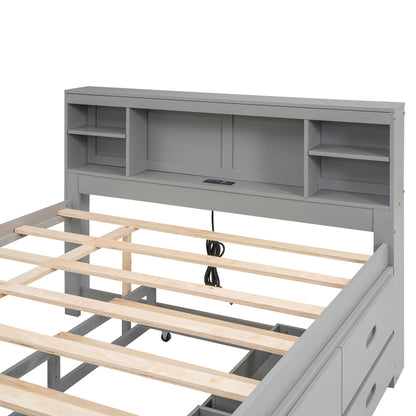 Platform Bed With Storage Headboard, USB, Trundle And 3 Drawers