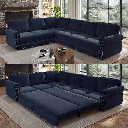 L-Shaped Sofa Couch With Pull Out Bed With Nailhead Trim & Rolled Arm