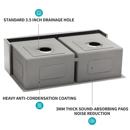 Double Bowl Farmhouse Sink, Stainless Steel Apron Front Kitchen Sink 16 Gauge - Brushed Nickel