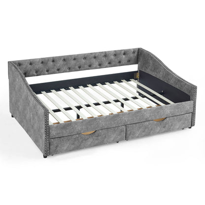 Upholstered Tufted Daybed With Drawers, Waved Arms