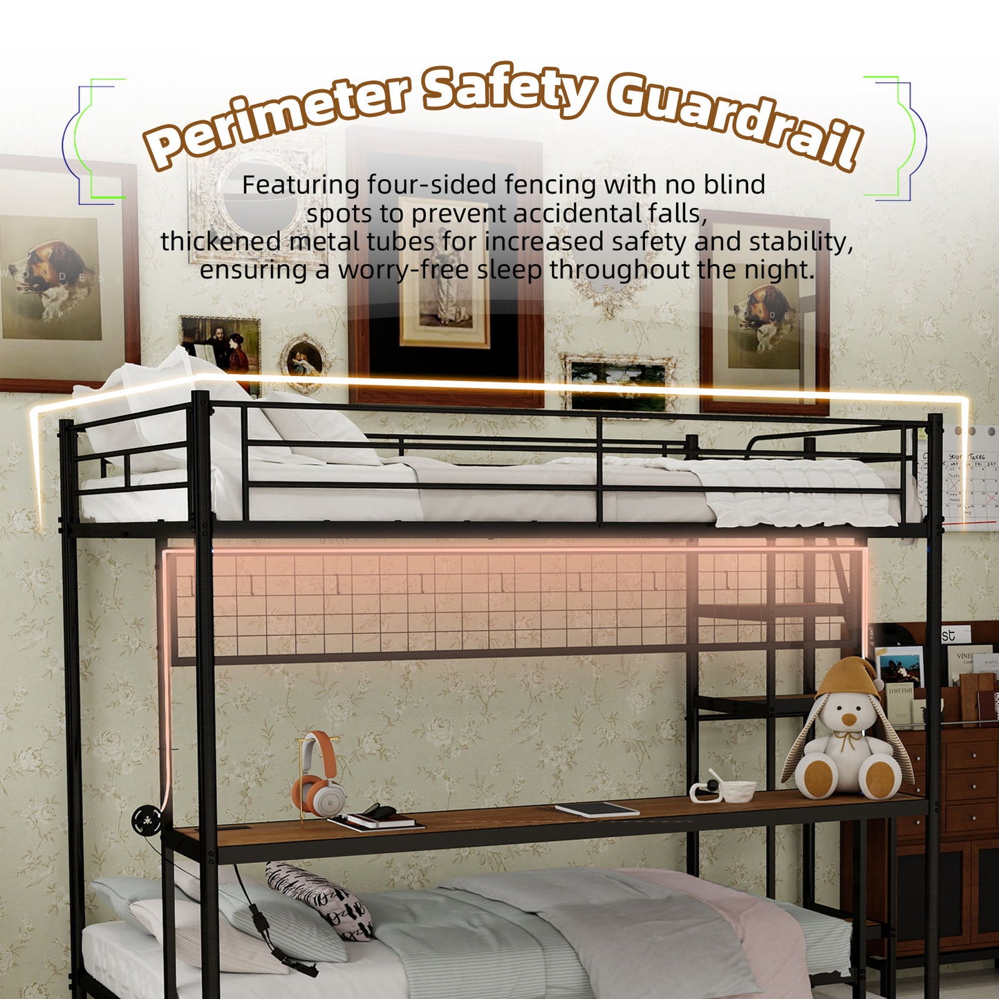 Bunk Bed With Built In Desk And LED Lighting