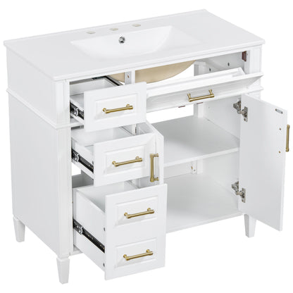 Bathroom Vanity With Sink, 4 Drawers (1 Flip Drawer), 2 Doors & Adjustable Shelf - White
