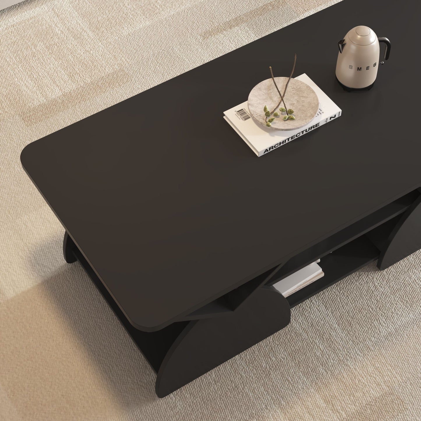Geometric Engineered Coffee Table With Rounded Corners With Open Shelves