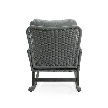 Modern 3 Piece Outdoor Seating Set With Cushioned Rattan Rocking Chairs And Wooden Accent Table