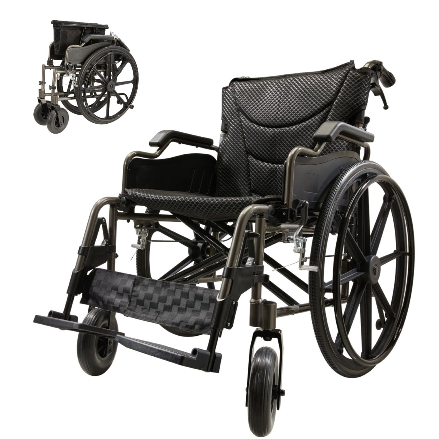 Lightweight Foldable Nursing Wheelchair For Adults Double X Force Support, 300Lbs Capacity, Breathable Cushion & Anti Backflip Design With Tires, Adjustable Seat Belt, Quick Release Wheels - Gray
