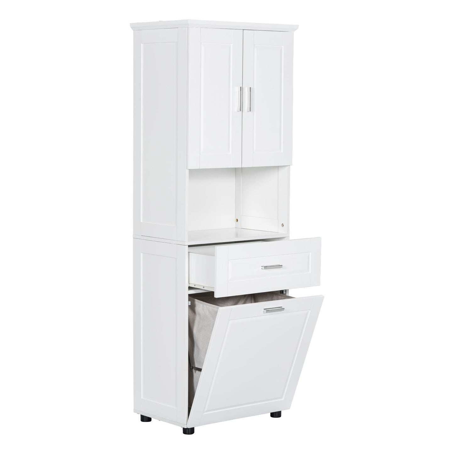 Tall Bathroom Cabinet With Tilt-Out Laundry Basket And Upper Storage