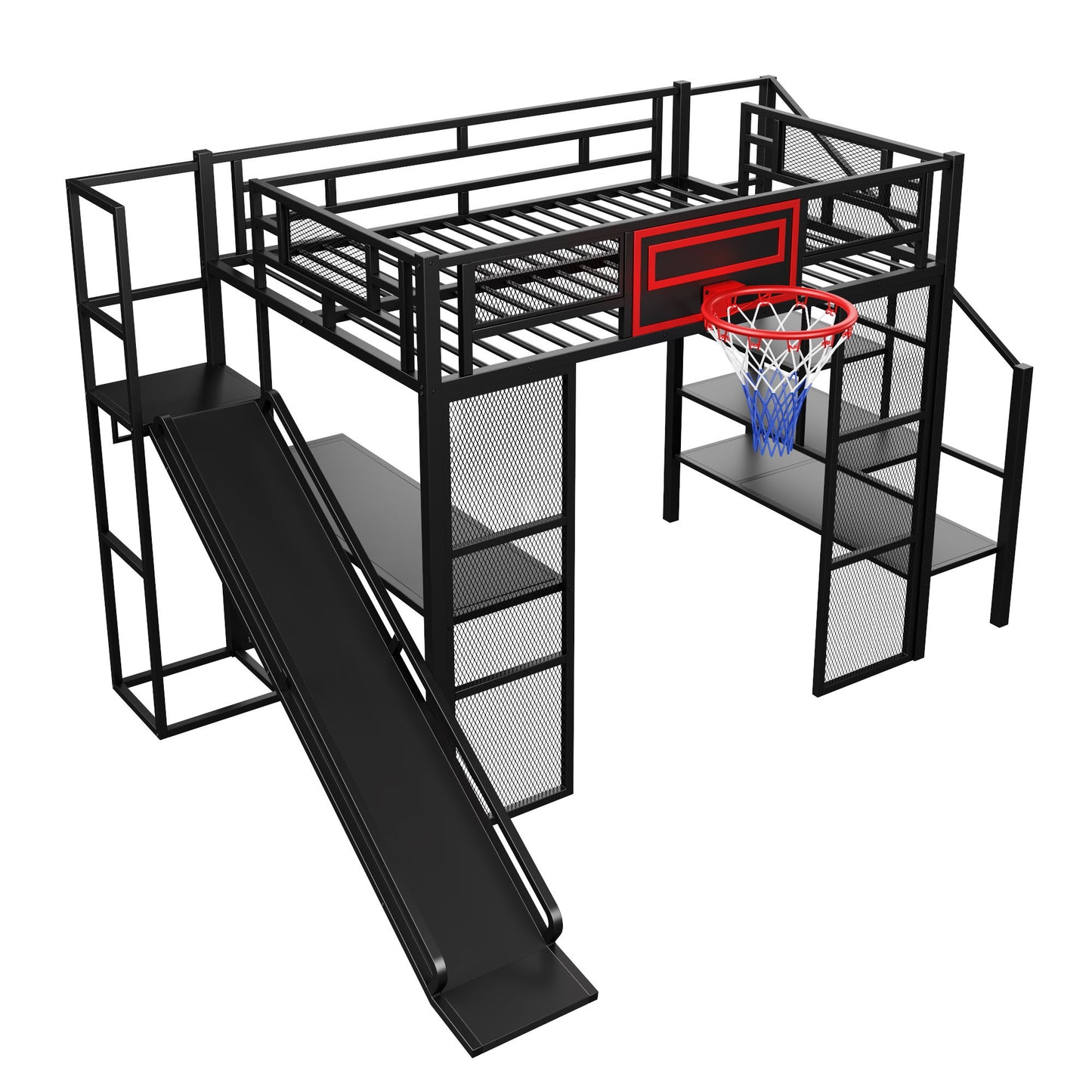 Loft Bed With Built In Desk, Open Wardrobe, Basketball Hoop, Slide And Staircase