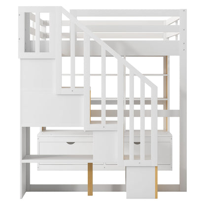 Full Size Loft Bed With Desk And Shelves, 2 Built In Drawers, Storage Staircase - Natural / White