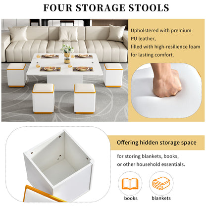 Lift Top Coffee Table With 4 Storage Stools