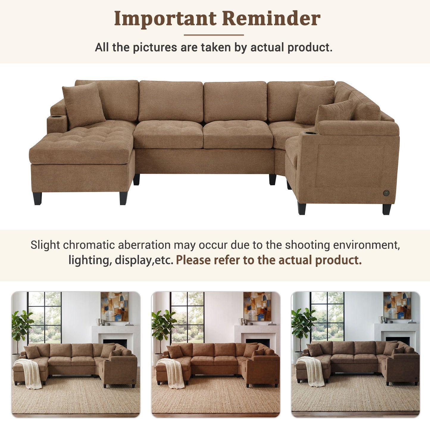 U Shaped Sectional Sofa, Corner Living Room Couch With Built In Cup Holders, Storage, USB Ports