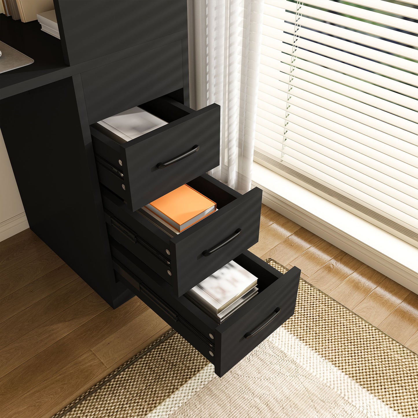 Computer Desk With 4 In 1 Socket & 3 Drawers, 4 Tier Shelves