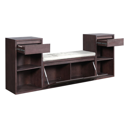 Entryway Storage Bench With Cushion, Drawers & Open Shelves