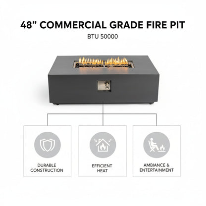 Volon - Rectangular Fire Pit Table, Propane Powered, 50,000 BTU - Light Gray