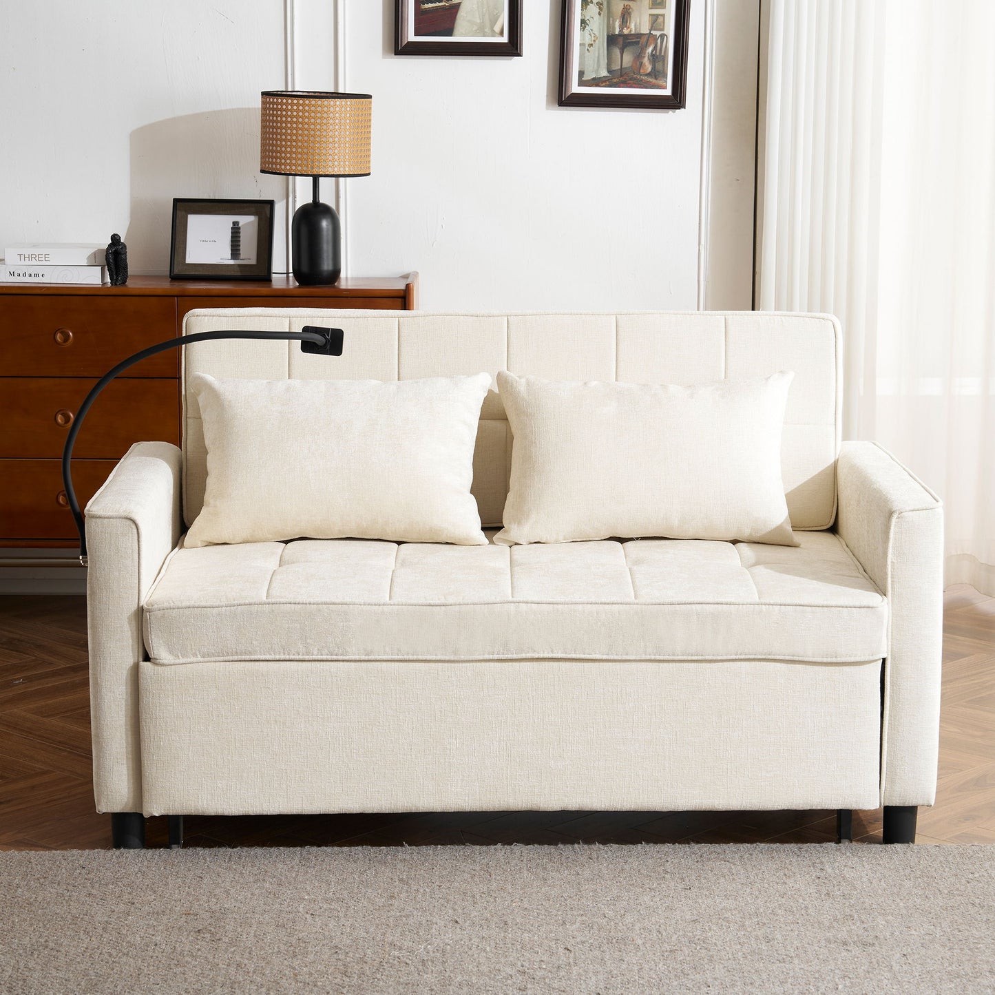 Pull-Out Sleeper Sofa With Reversible Backrest Cushion, Side Pockets, 2 USB Ports And A Phone Holder For Living Room